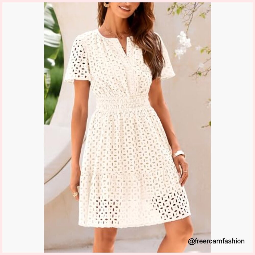 Summer A-Line V-Neck Lace Mini Dress Casual Beach Party - Picture 5 of 7